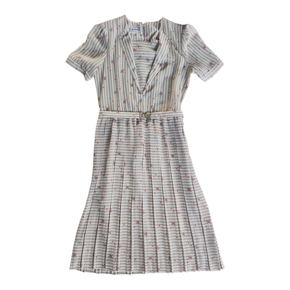 Vintage VTG 60s 70s 80s Eileen Striped Floral Dress V Neck Belted Pleated 7